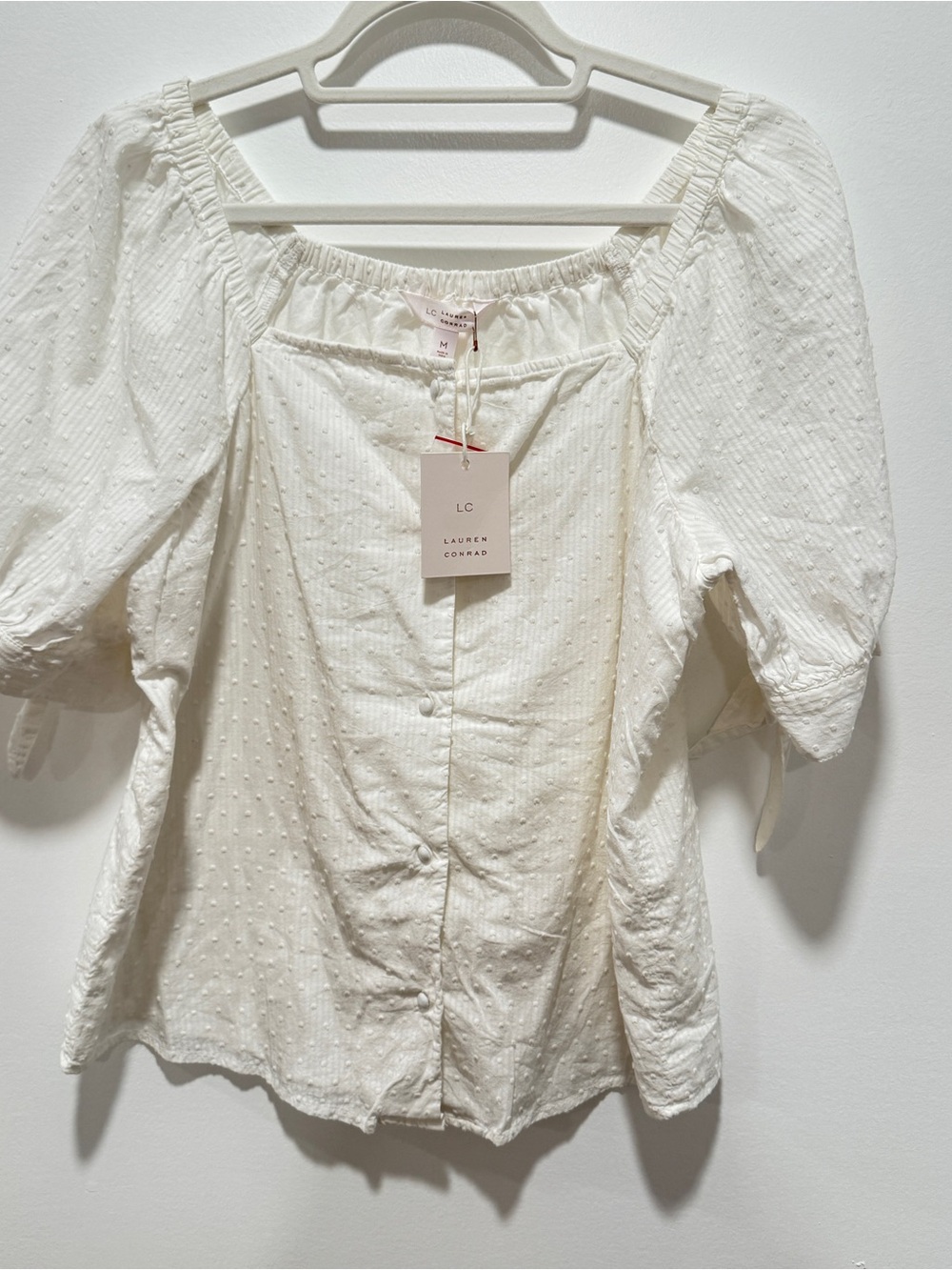 LC Lauren Conrad Ivory Dot Square Neck Puff Sleeve Blouse